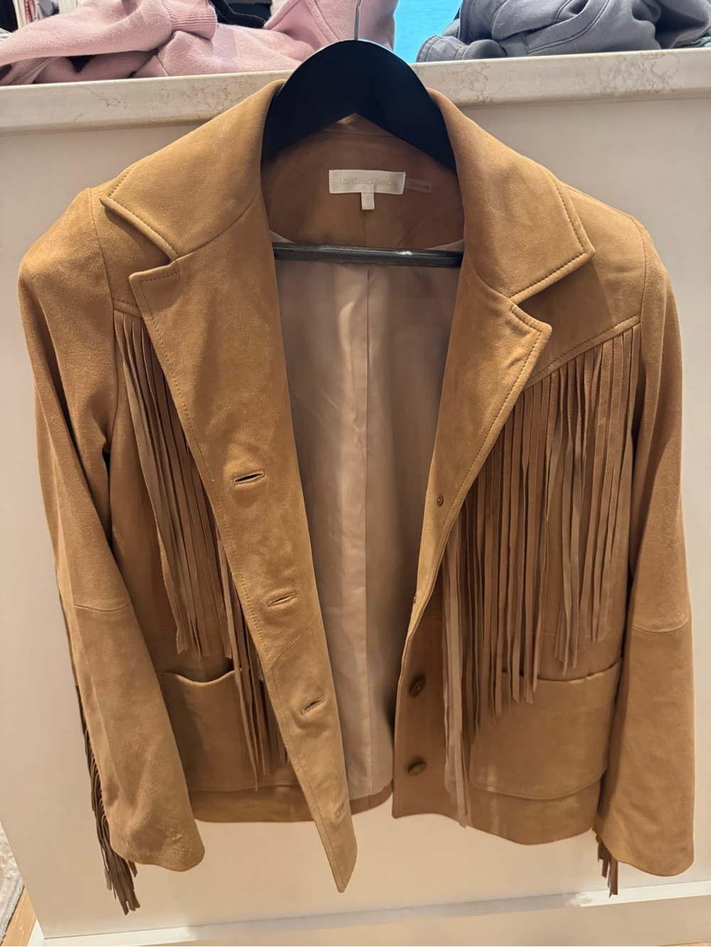LoveShackFancy Tan Suede Fringe Jacket size small